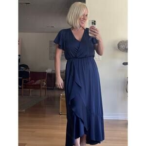 Nicole Miller Size Medium Maxi Navy Blue Flowy Ruffle Dress, Luxury for Women!